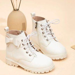 Girls Bow Decor Zip Side Lace-up Front Combat Boots White/EUR27